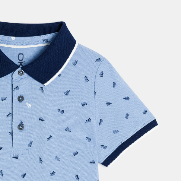Boy's blue jersey piqué printed polo shirt with short sleeves