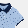 Boy's blue jersey piqué printed polo shirt with short sleeves