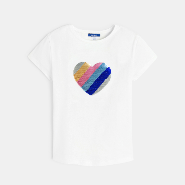 Girl's white short-sleeve T-shirt with magic sequin heart