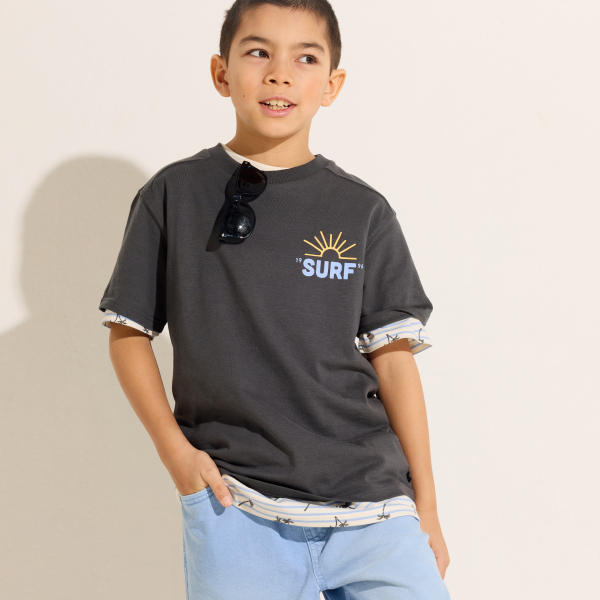 Boy's grey short-sleeve T-shirt with slogan front and back