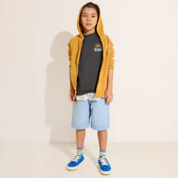 Boy's curry yellow hoodie with motif on front and back