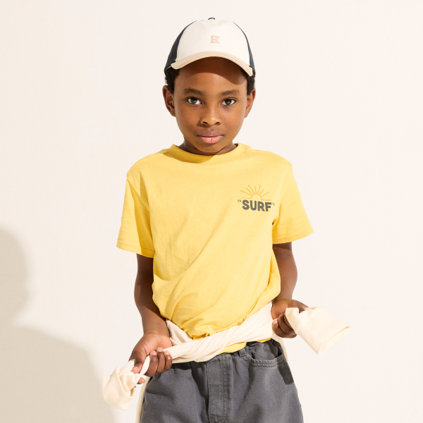 Boy's yellow short-sleeve T-shirt with slogan front and back