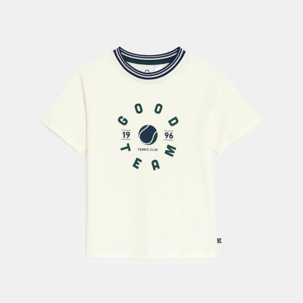 Boy's white slogan T-shirt with short sleeves