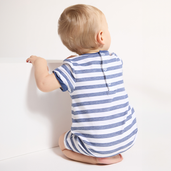 Baby boy's striped koala and whale romper suit