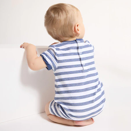 Baby boy's striped koala and whale romper suit