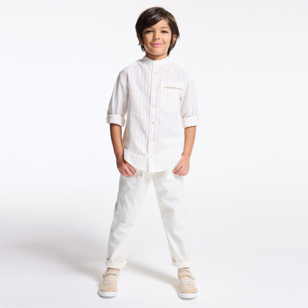 Boy's white striped Henley collar shirt