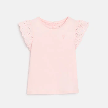 Baby girl's pink T-shirt with broderie anglaise sleeves