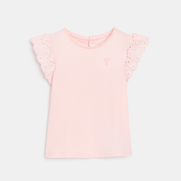 Baby girl's pink T-shirt with broderie anglaise sleeves