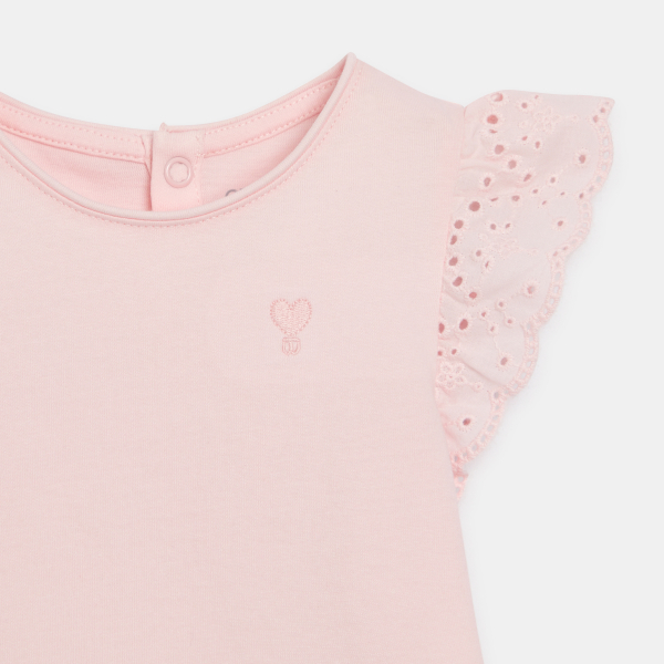 Baby girl's pink T-shirt with broderie anglaise sleeves