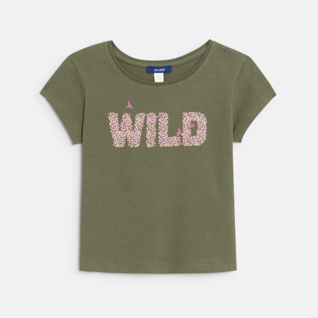T-shirt à message pailleté kaki Fille