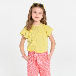 Girls' yellow broderie anglaise short-sleeve T-shirt