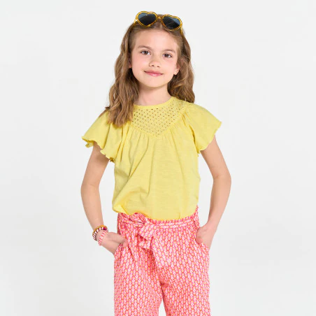 T-shirt manches courtes détail broderie anglaise jaune Fille