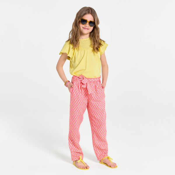 Girls' yellow broderie anglaise short-sleeve T-shirt