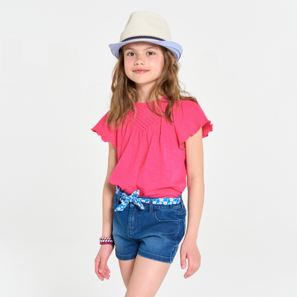 Girls' yellow broderie anglaise short-sleeve T-shirt