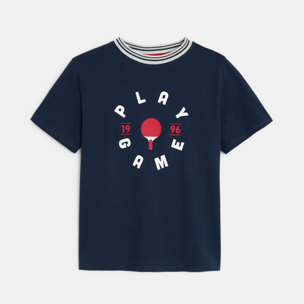 Boy's blue slogan T-shirt with short sleeves