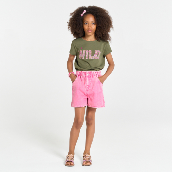 T-shirt à message pailleté kaki Fille