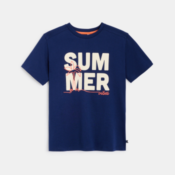Boy's navy blue short-sleeve slogan T-shirt