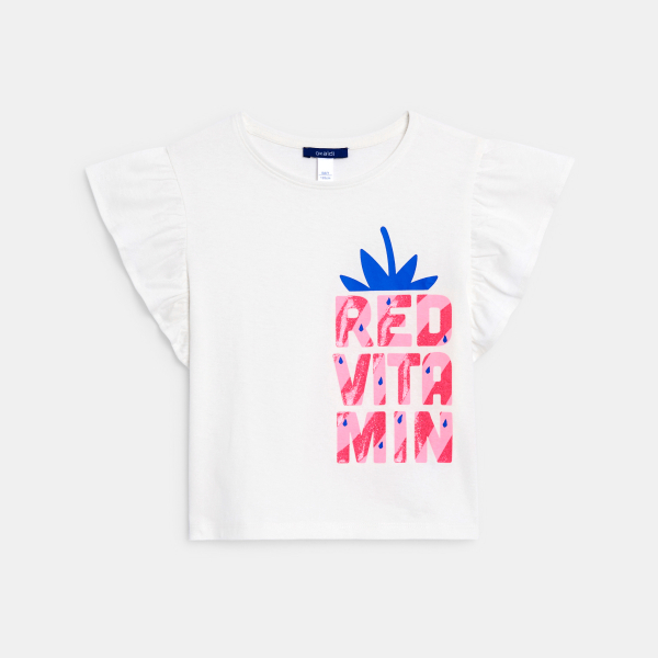 Girl's white short-sleeve T-shirt with glittery motif