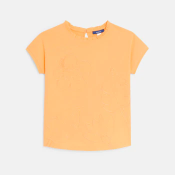 Girl's light orange short-sleeve T-shirt with embroidered motifs