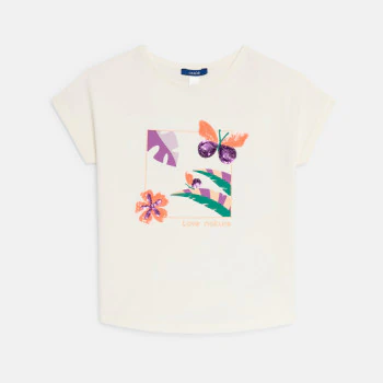 Girl's ecru sequinned T-shirt with short sleeves