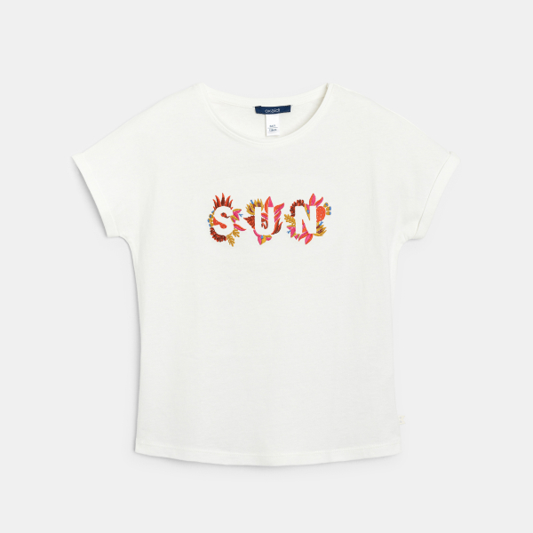 Girl's white short-sleeve embroidered T-shirt