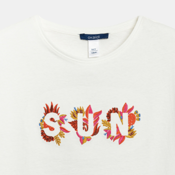 Girl's white short-sleeve embroidered T-shirt