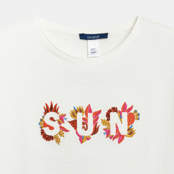 Girl's white short-sleeve embroidered T-shirt