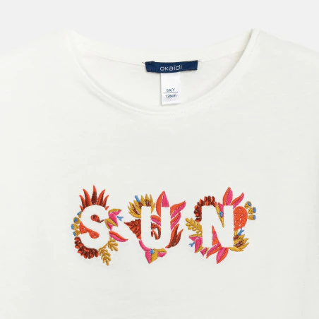 Girl's white short-sleeve embroidered T-shirt