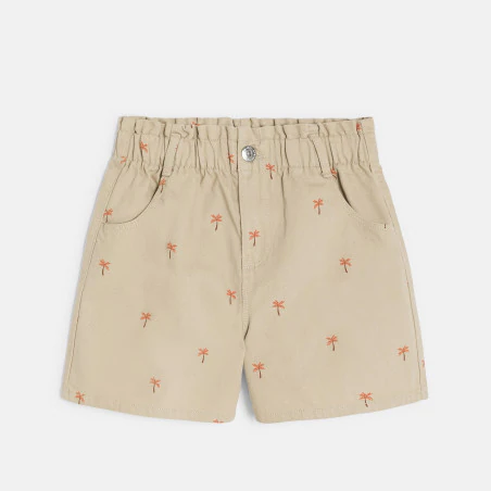 Short mom en toile motif palmier beige Fille