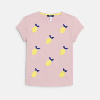 Girl's pink short-sleeve embroidered T-shirt