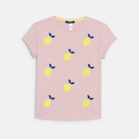 Girl's pink short-sleeve embroidered T-shirt