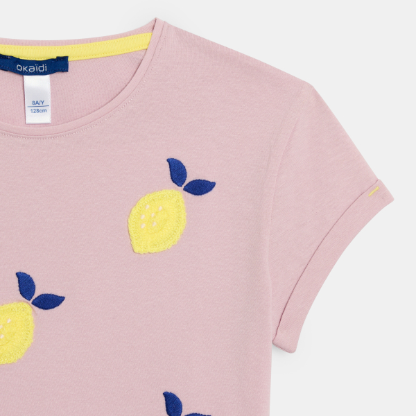 Girl's pink short-sleeve embroidered T-shirt