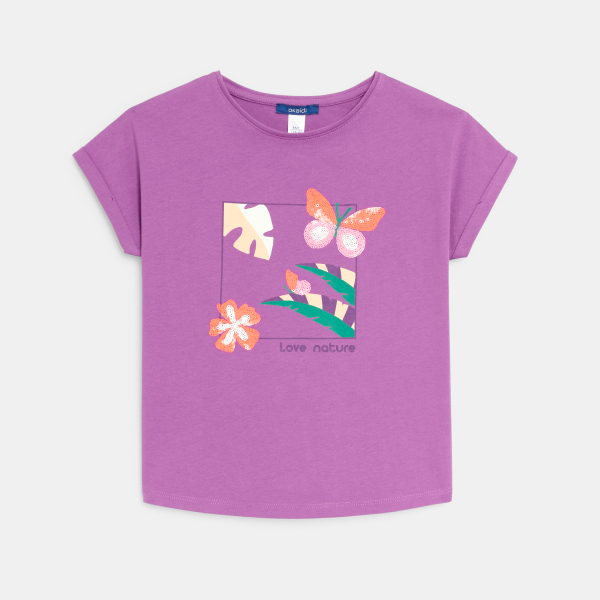 Girl's purple sequinned T-shirt with short sleeves