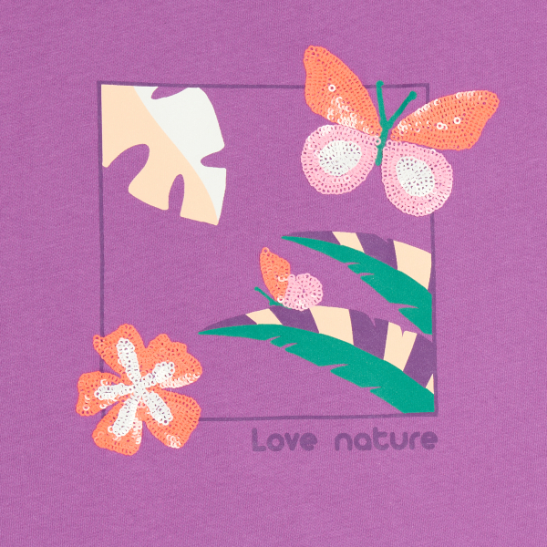 Girl's purple sequinned T-shirt with short sleeves