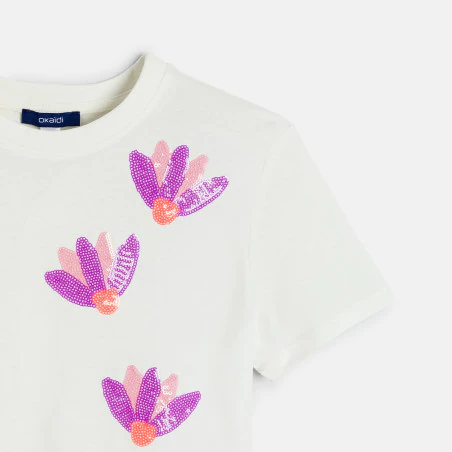 Girl's white short-sleeve sequin T-shirt