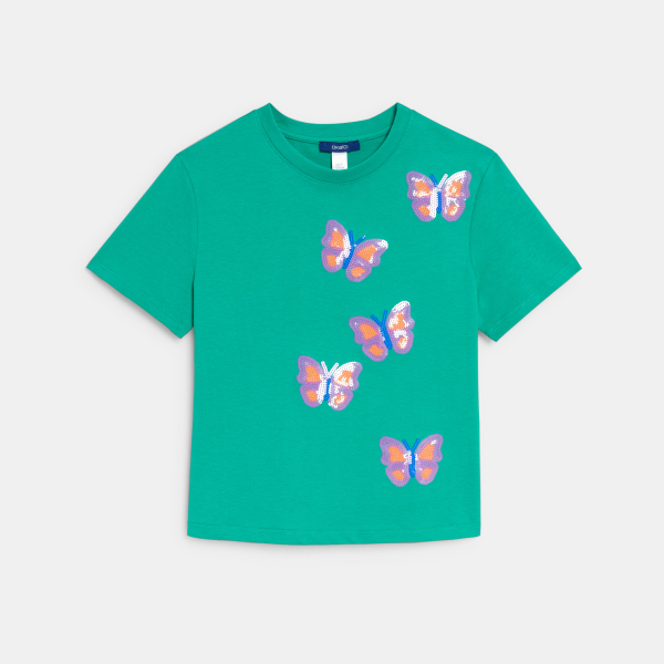 Girl's green sequinned T-shirt with short sleeves