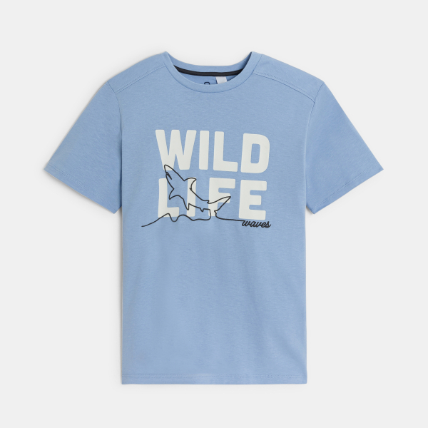 Boy's sky blue slogan T-shirt with short sleeves