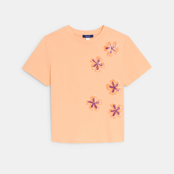 Girl's light orange short-sleeve sequin T-shirt
