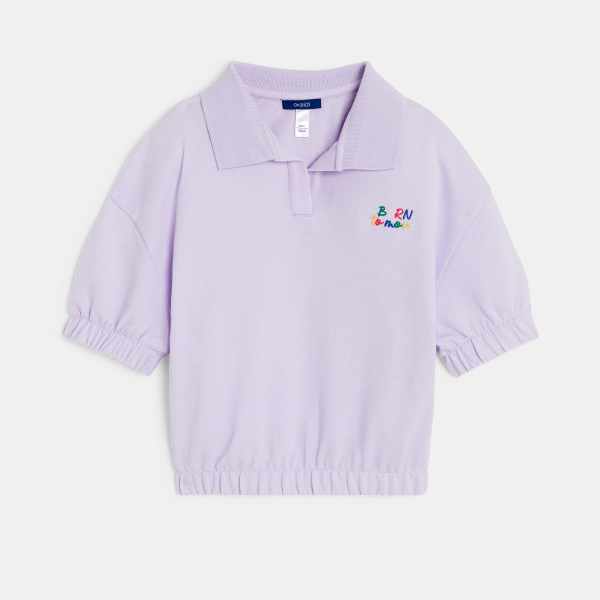 Girl's mauve short-sleeve sweatshirt with polo-shirt collar Girl's mauve short-sleeve sweatshirt with polo-shirt collar