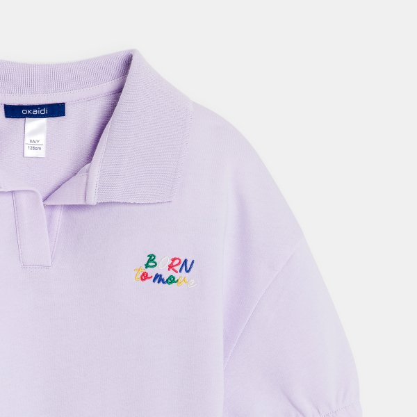 Girl's mauve short-sleeve sweatshirt with polo-shirt collar Girl's mauve short-sleeve sweatshirt with polo-shirt collar