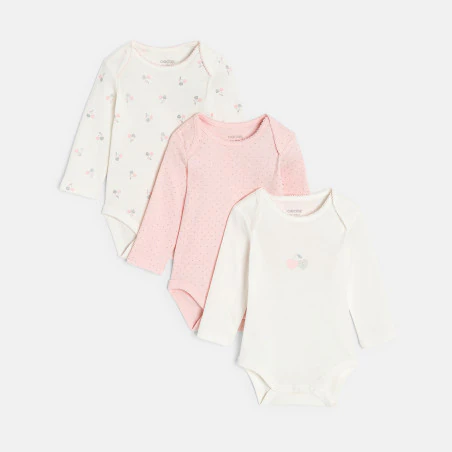 Baby girl's white cherry bodysuit with envelope neck (set of 3)