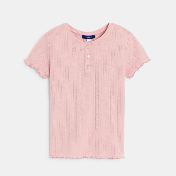 T-shirt uni manches courtes pointelle rose pastel Fille