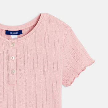 T-shirt uni manches courtes pointelle rose pastel Fille
