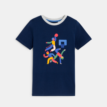 Boy's navy blue short-sleeve T-shirt with motif