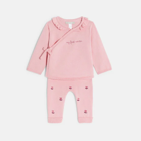 Newborn baby girl's pink floral knitted jumper and trousers