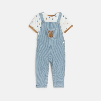 Salopette longue rayée et t-shirt lapin bleu bébé garçon
