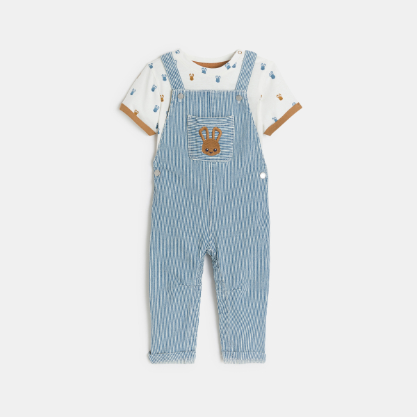 Baby boy's striped long dungarees and blue rabbit T-shirts