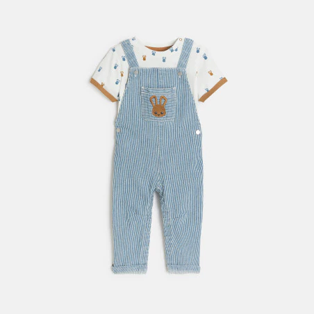 Salopette longue rayée et t-shirt lapin bleu bébé garçon