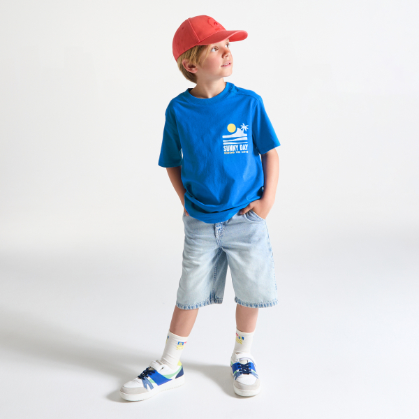 Boy's blue slogan T-shirt with short sleeves