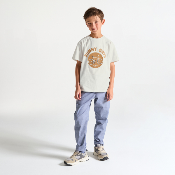 Boy's white short-sleeved T-shirt with bike motif